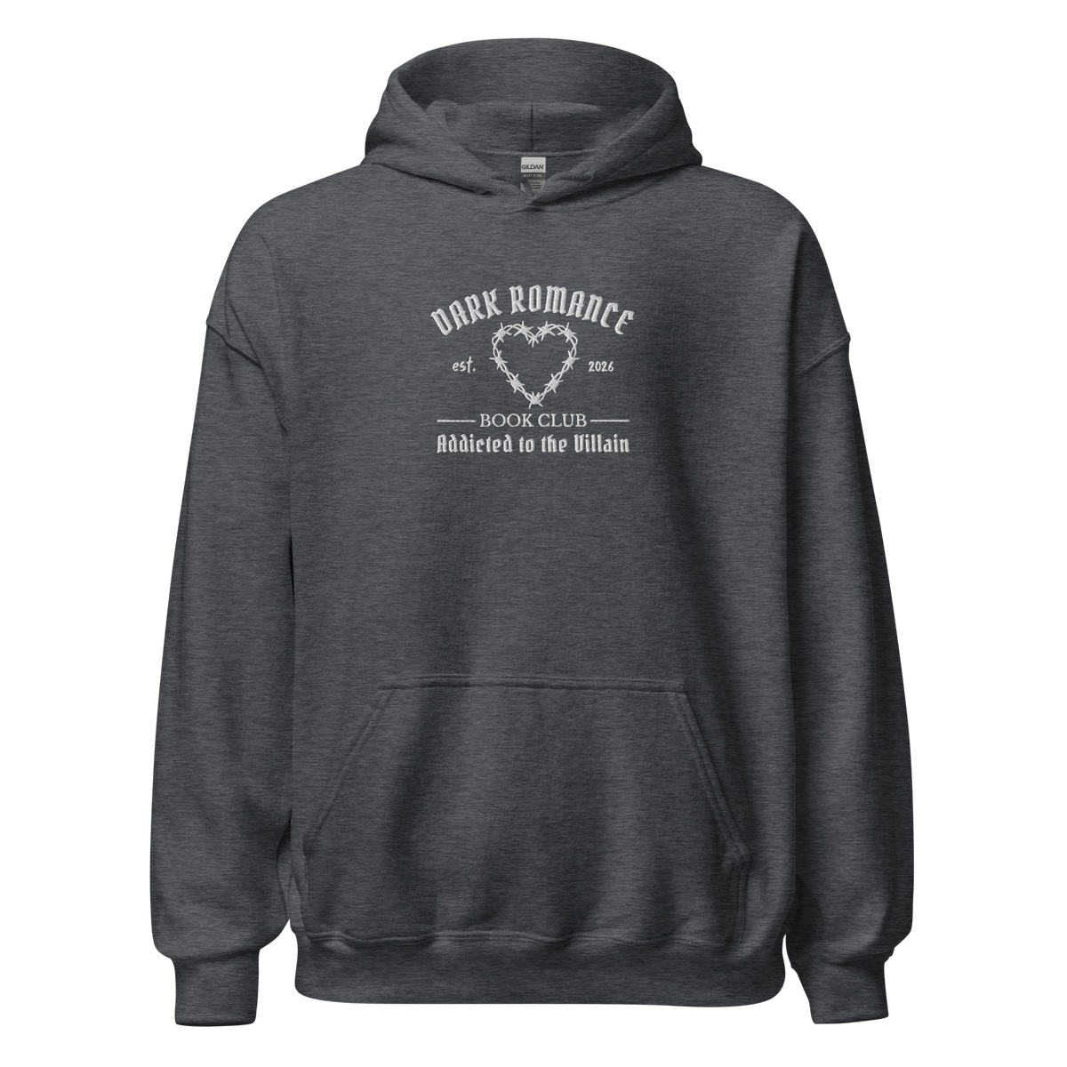 Dark Romance Hoodie Bestickt in Grey. Buch Merch für Dark Romance Leser.