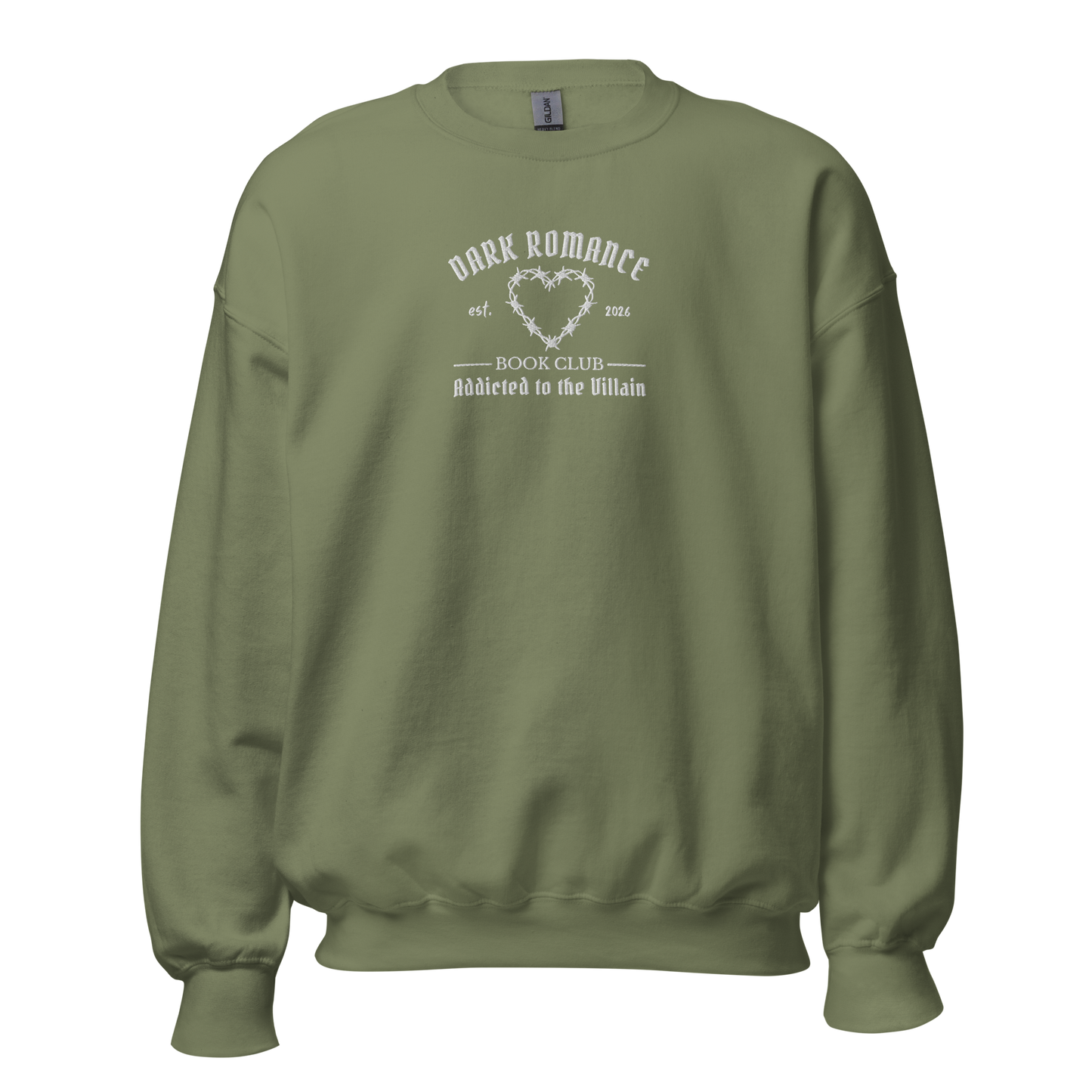 Dark Romance Sweatshirt Bestickt in military. Buch Merch für Dark Romance Leser.