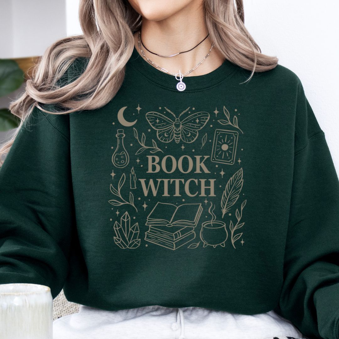 book witch sweatshirt grün mit detailreichem fantasy design