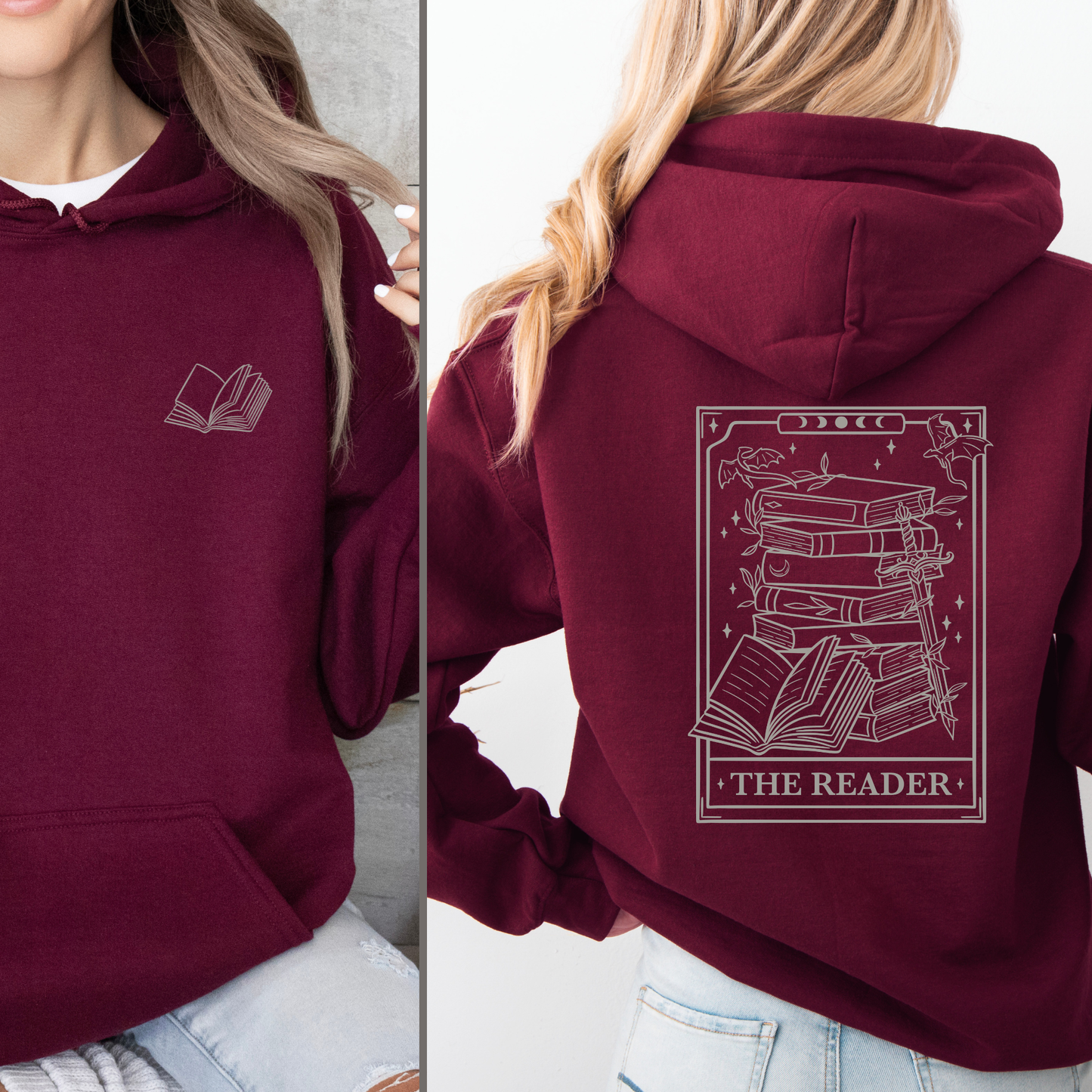 Hoodie Reader Tarot - Hoodie mit Tarot Karte und Bücher Design