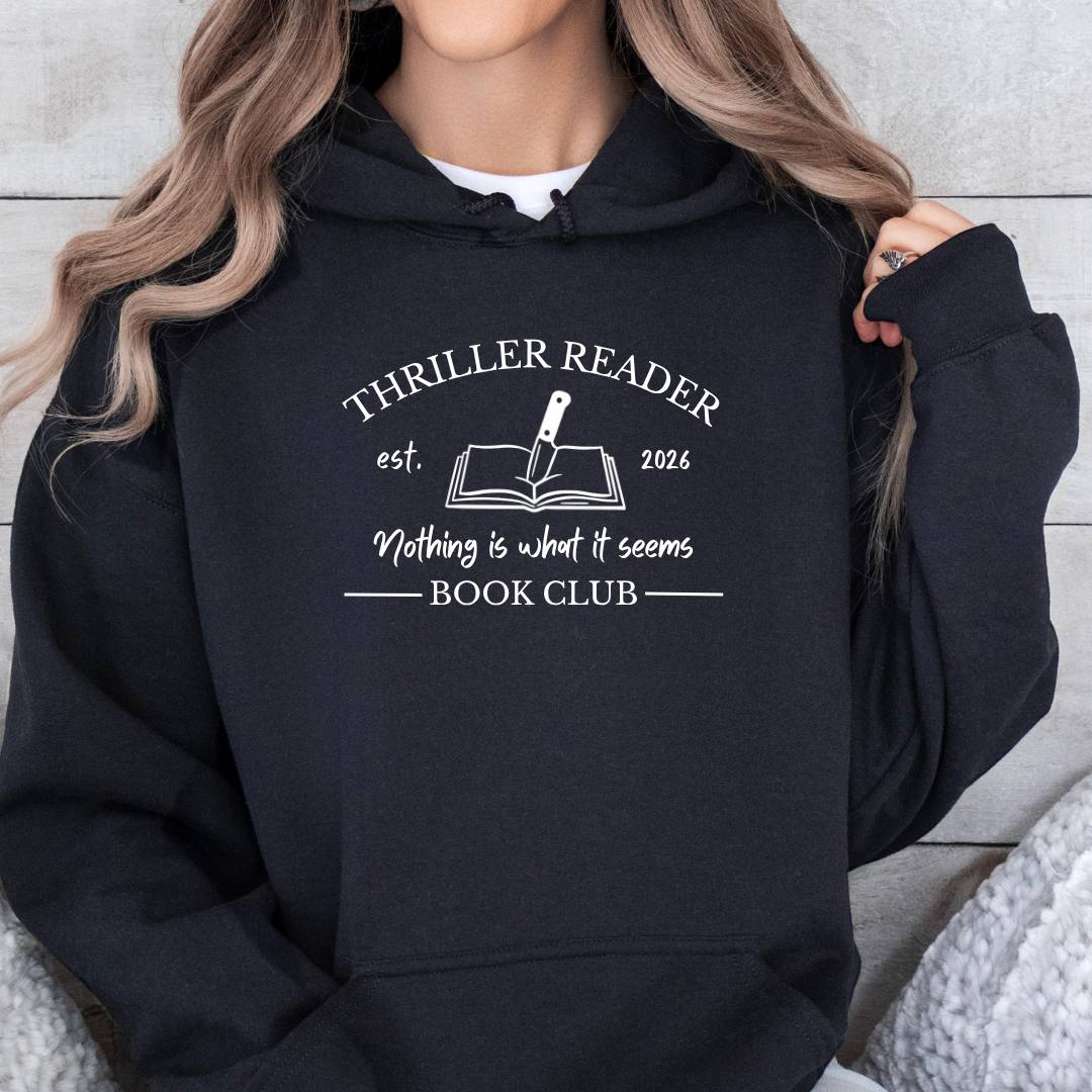 Bestickter Hoodie für Thriller Leser mit Book Club Design