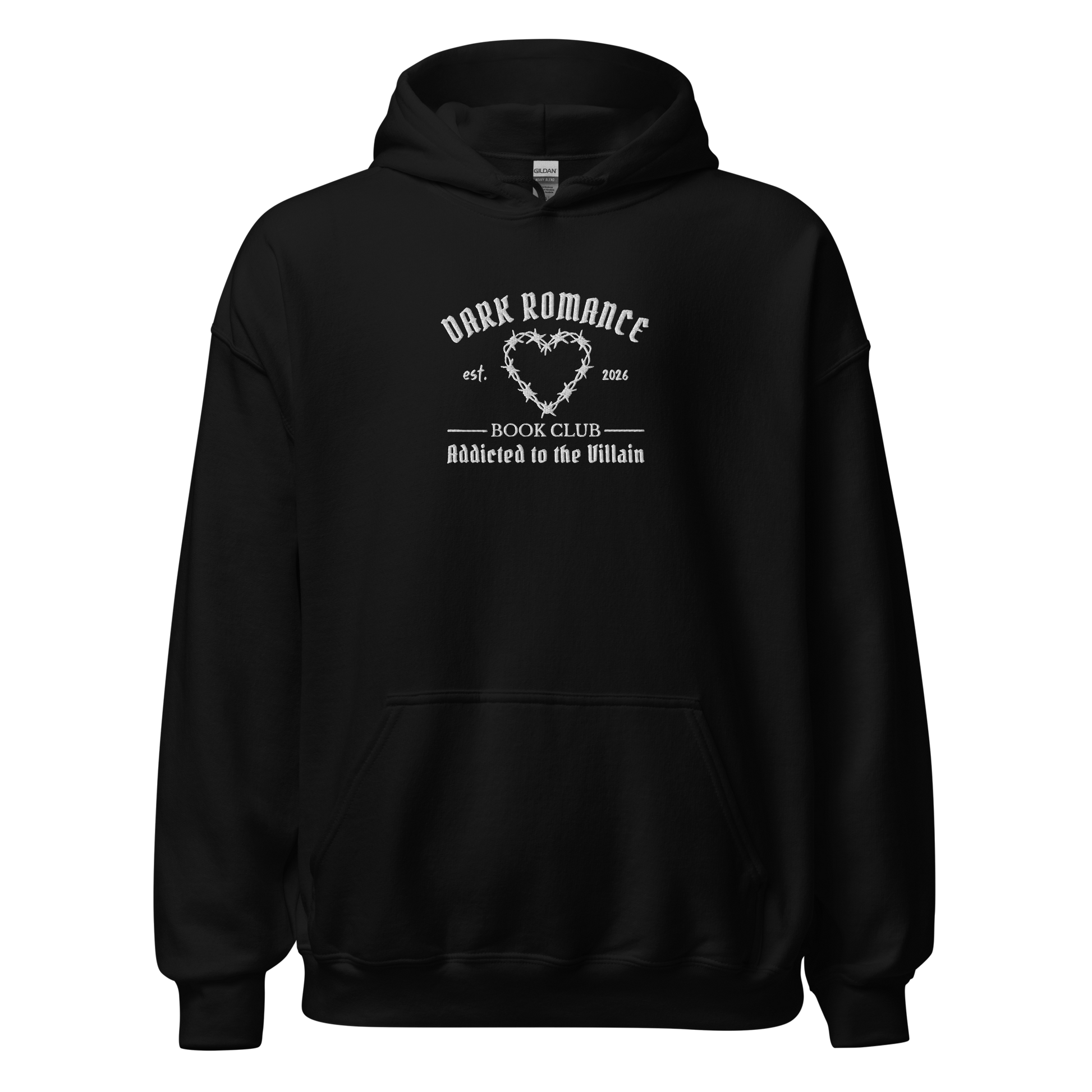 Dark Romance Hoodie Bestickt in Schwarz. Buch Merch für Dark Romance Leser. 