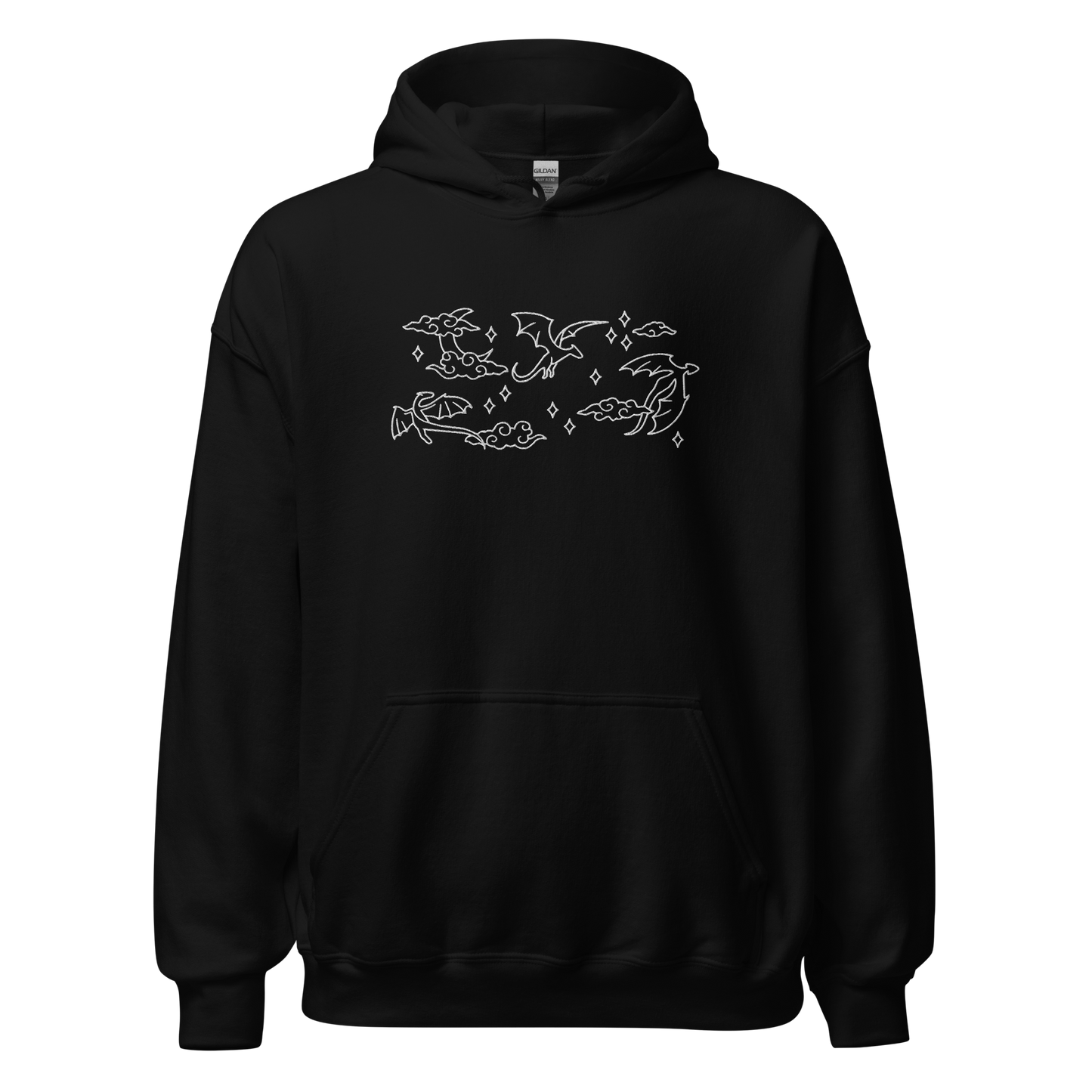 Schwarzer Drachen Hoodie bestickt mit Mond, Wolken und Drachenmotiv.