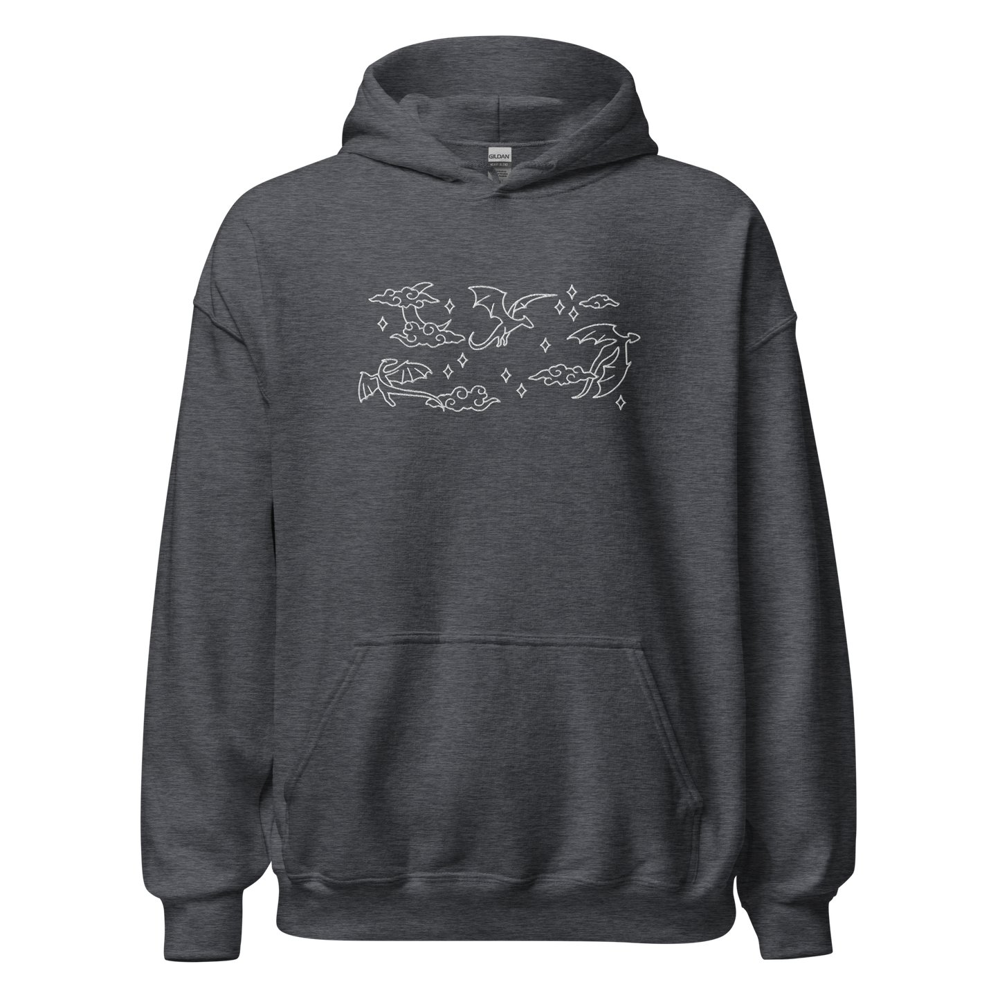 Grauer Drachen Hoodie bestickt mit Mond, Wolken und Drachenmotiv.