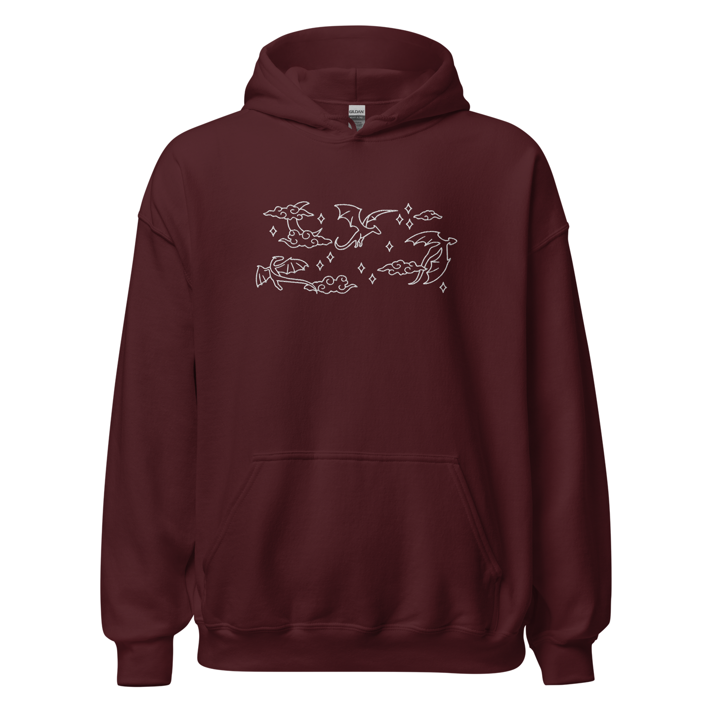 Roter Drachen Hoodie bestickt mit Mond, Wolken und Drachenmotiv.