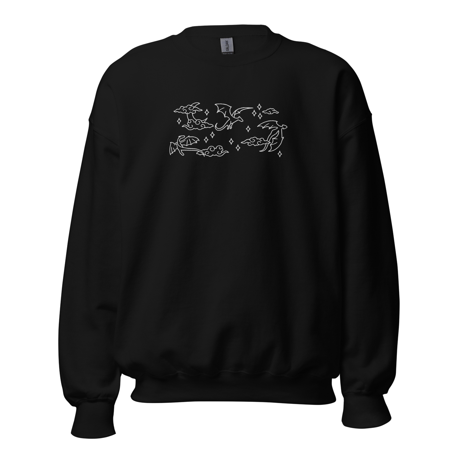 Schwarzes Drachen Sweatshirt bestickt mit Mond, Wolken und Drachenmotiv.