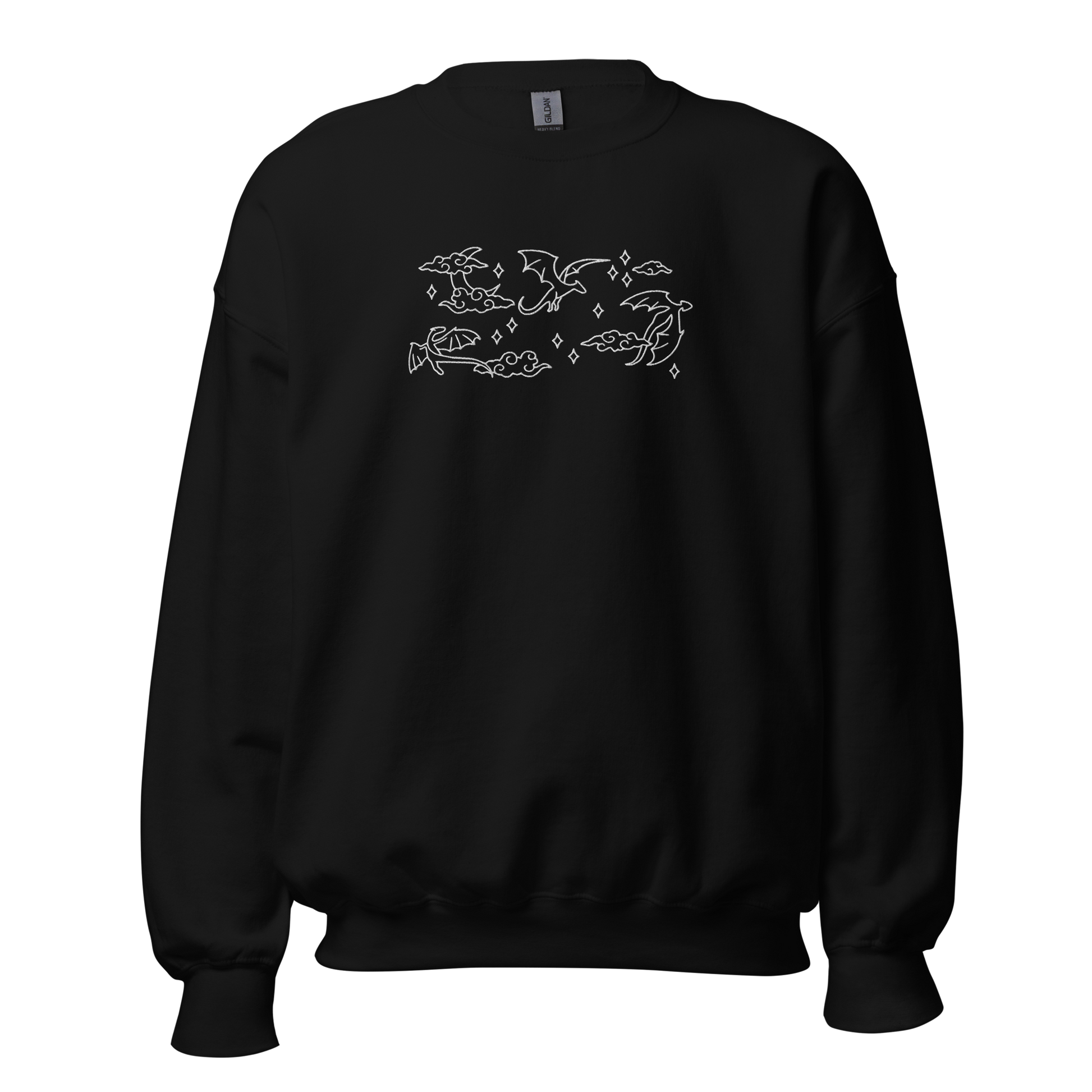 Schwarzes Drachen Sweatshirt bestickt mit Mond, Wolken und Drachenmotiv.