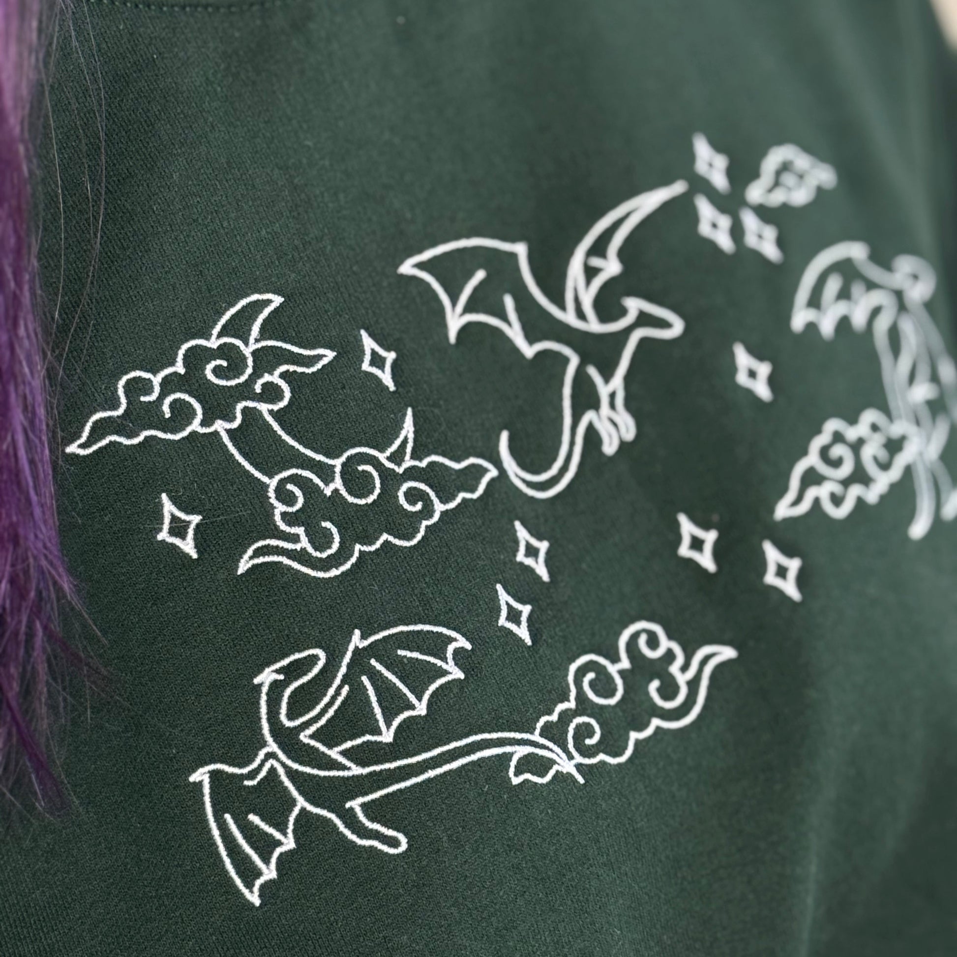 Drachen Sweatshirt bestickt mit Mond, Wolken und Drachenmotiv. Details. 