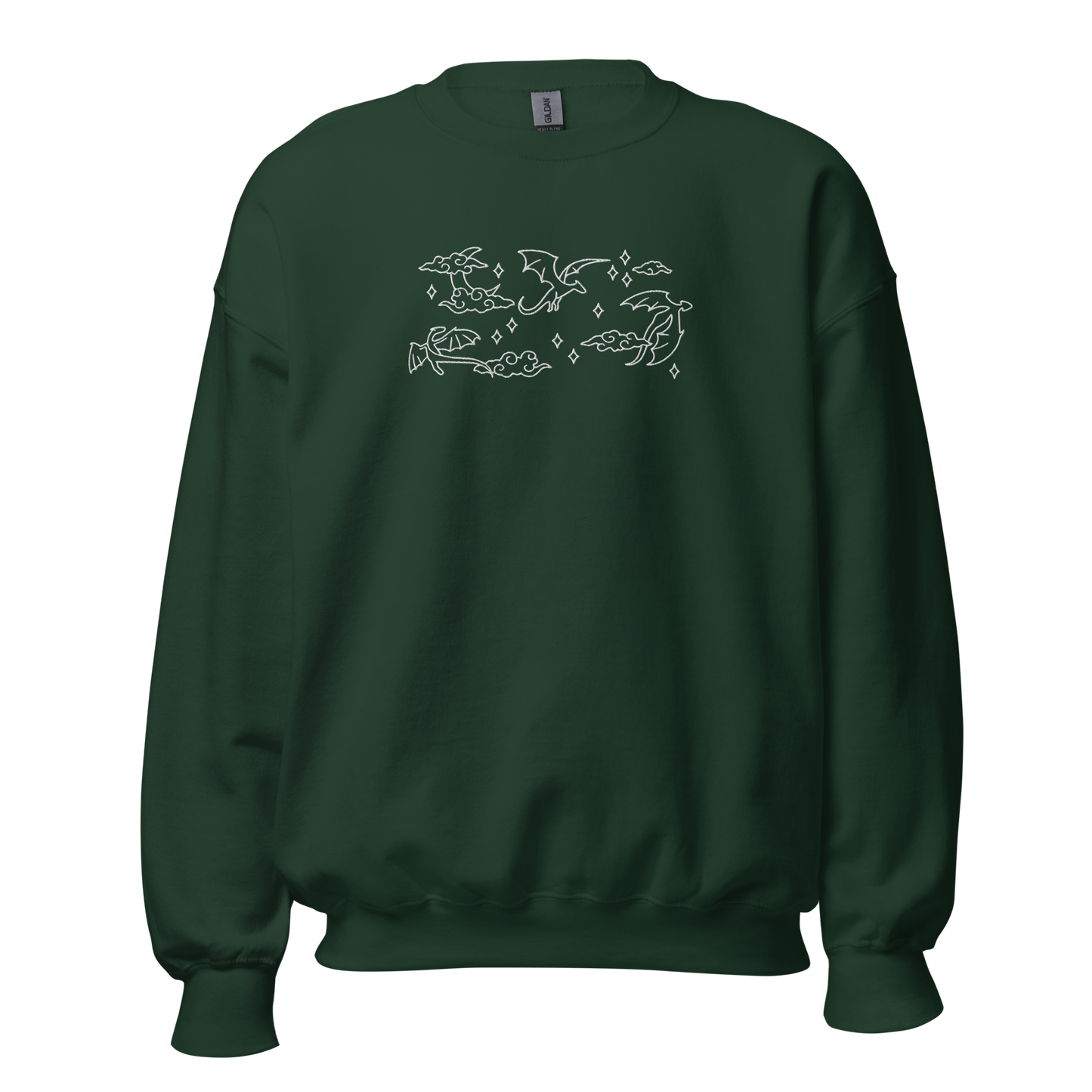 Grünes Drachen Sweatshirt bestickt mit Mond, Wolken und Drachenmotiv.