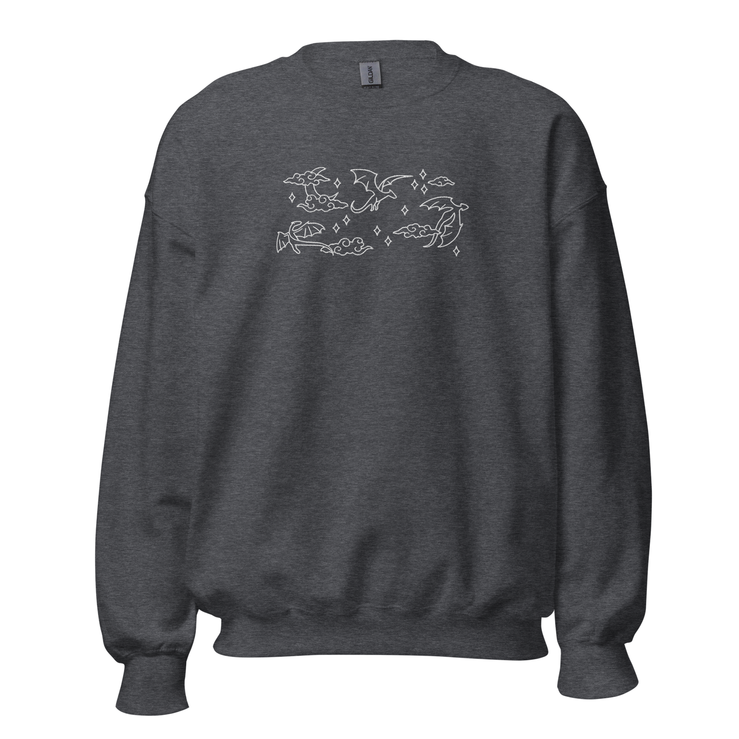 Graues Drachen Sweatshirt bestickt mit Mond, Wolken und Drachenmotiv.