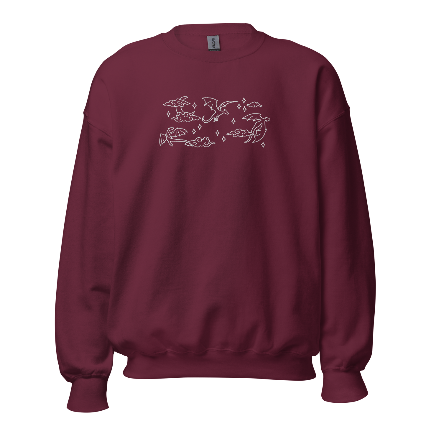 Rotes Drachen Sweatshirt bestickt mit Mond, Wolken und Drachenmotiv.