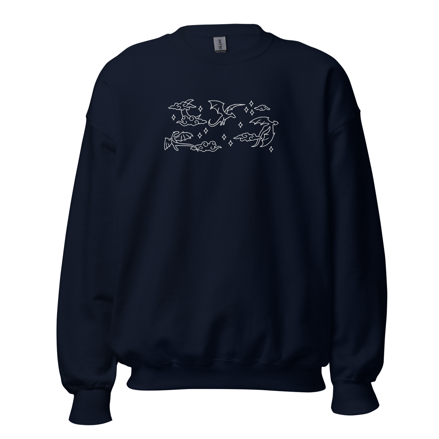 Blaues Drachen Sweatshirt bestickt mit Mond, Wolken und Drachenmotiv.