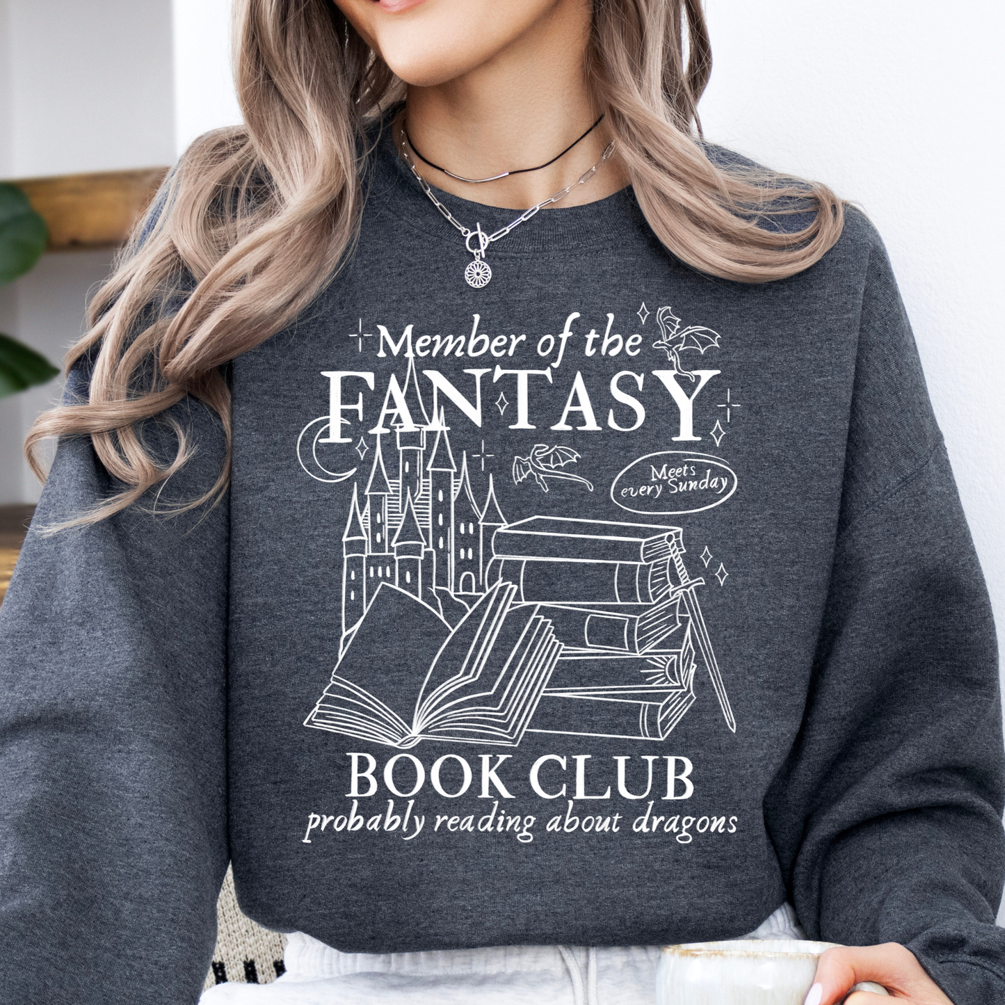fantasy book club sweatshirt mit drachen und bücher motiv grau