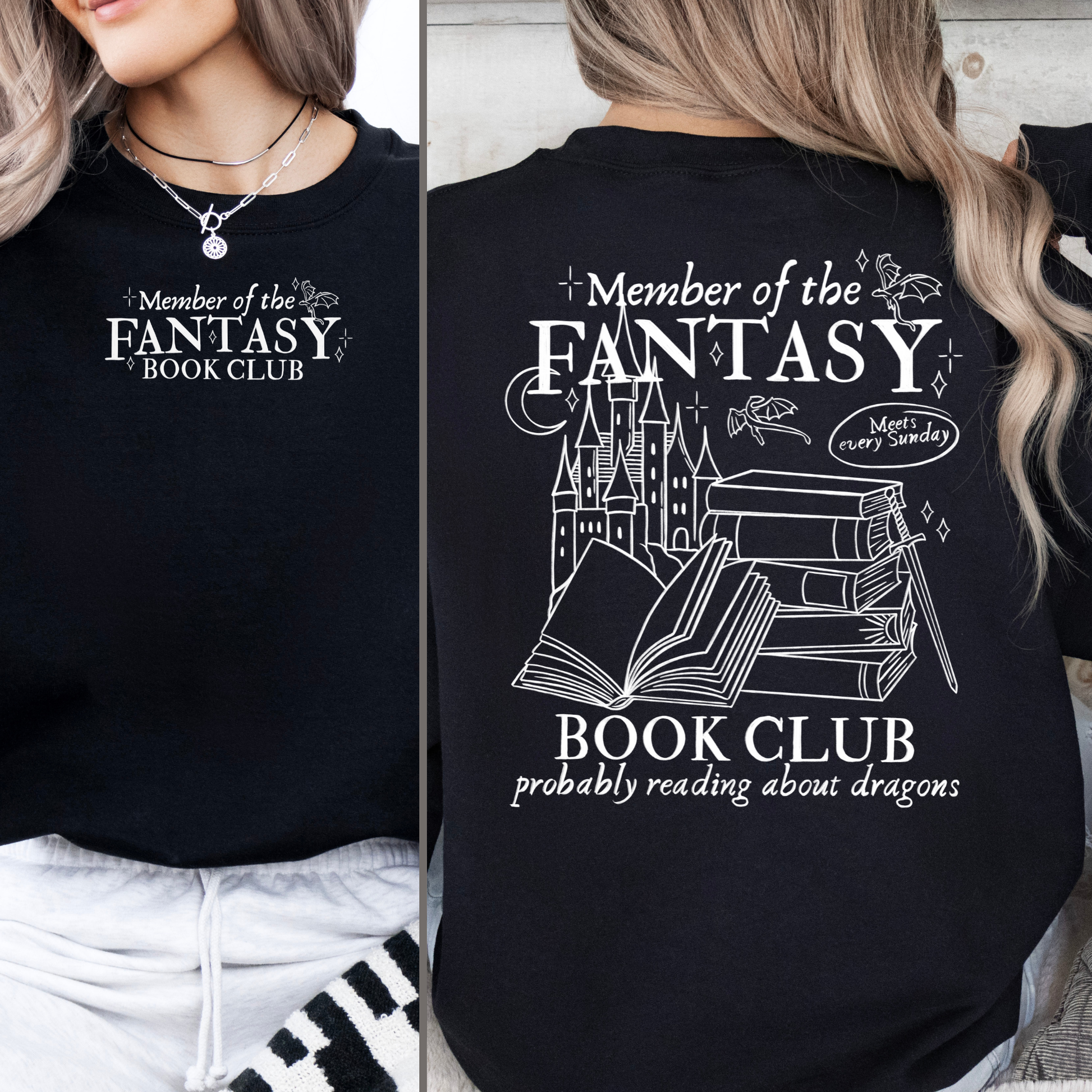 fantasy book club sweatshirt mit großem rückenprint drachen bücher