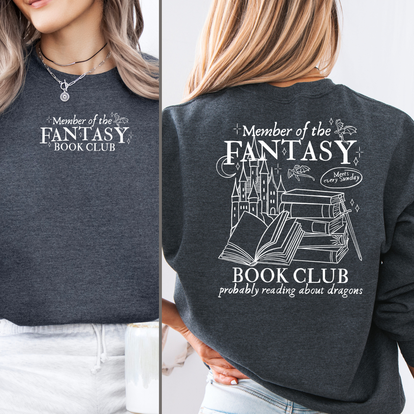 fantasy sweatshirt mit drachen und büchern rückenmotiv