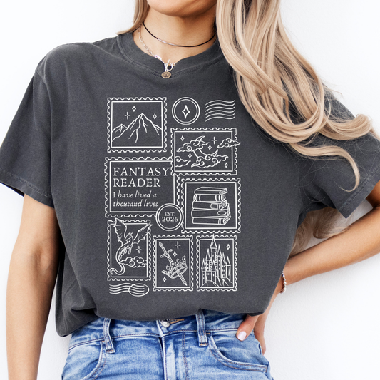 Fantasy Premium T-Shirt in grau mit großflächigem Post-Stamp-Frontprint. (Grey Heather)