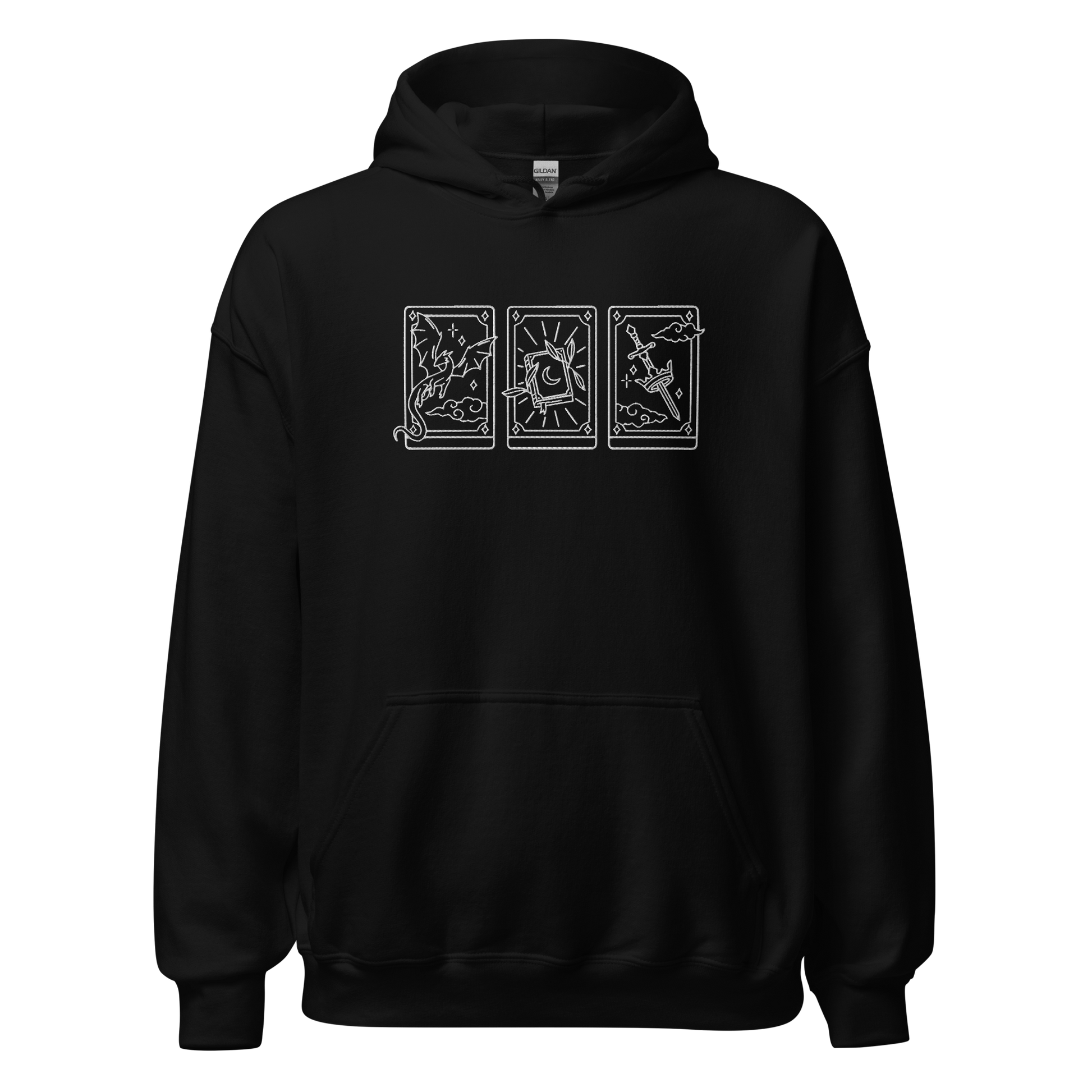 schwarzer Fantasy Hoodie bestickt mit drei Tarotkarten im Fantasy-Design.