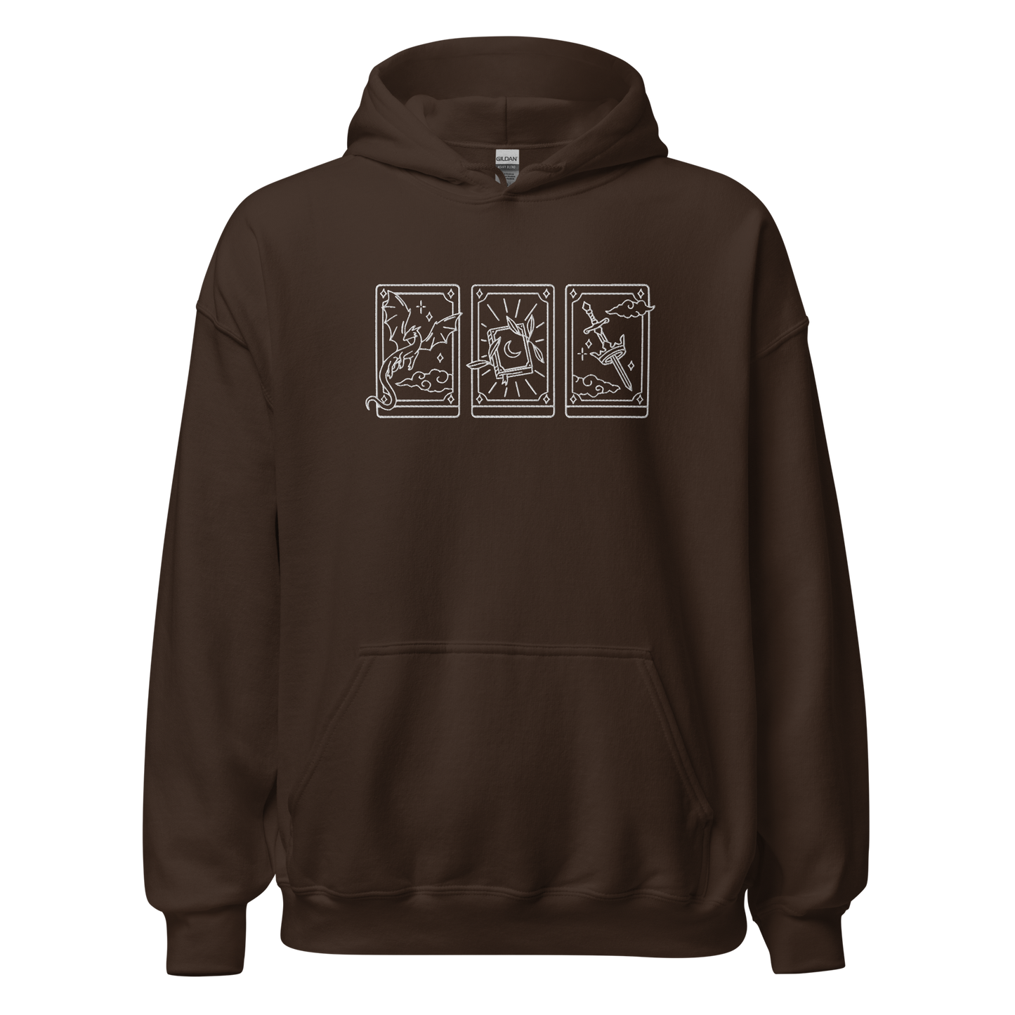 brauner Fantasy Hoodie bestickt mit drei Tarotkarten im Fantasy-Design.