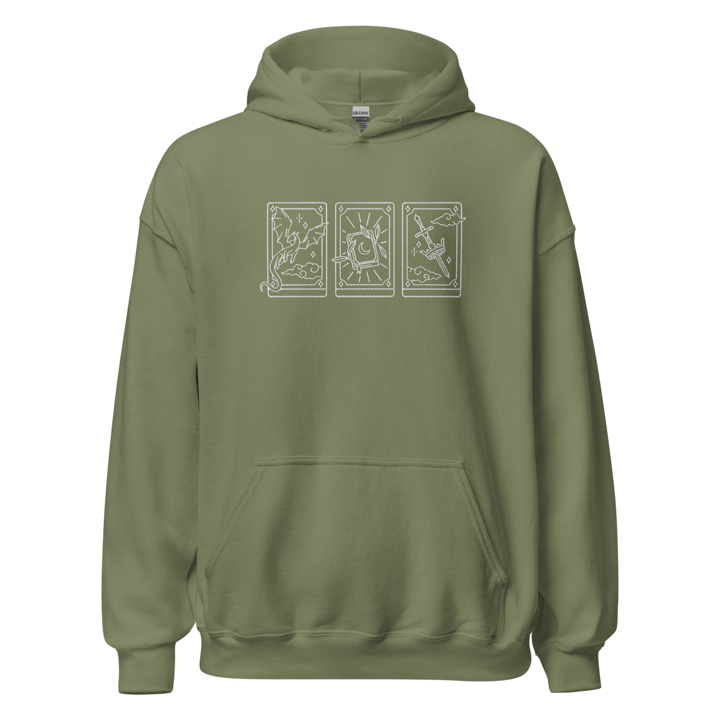 hellgrüner Fantasy Hoodie bestickt mit drei Tarotkarten im Fantasy-Design.