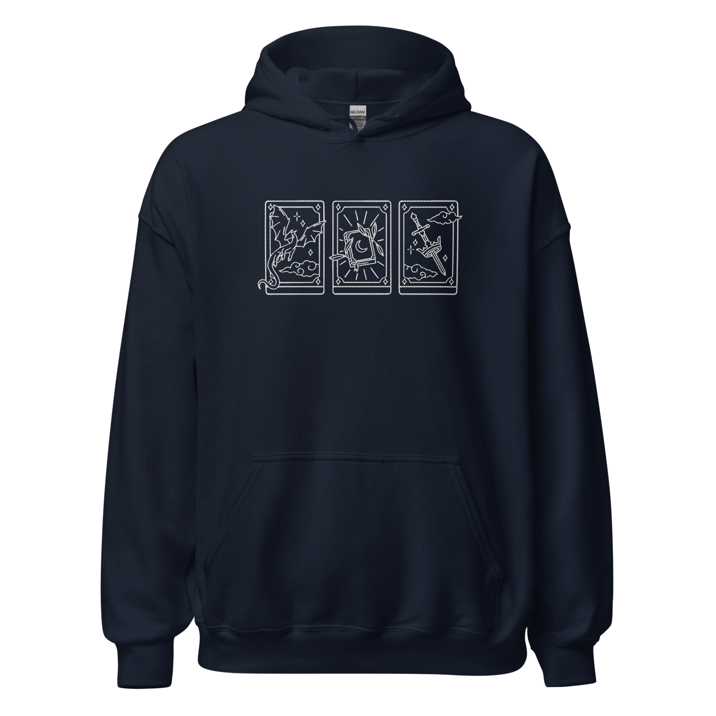 blauer Fantasy Hoodie bestickt mit drei Tarotkarten im Fantasy-Design.