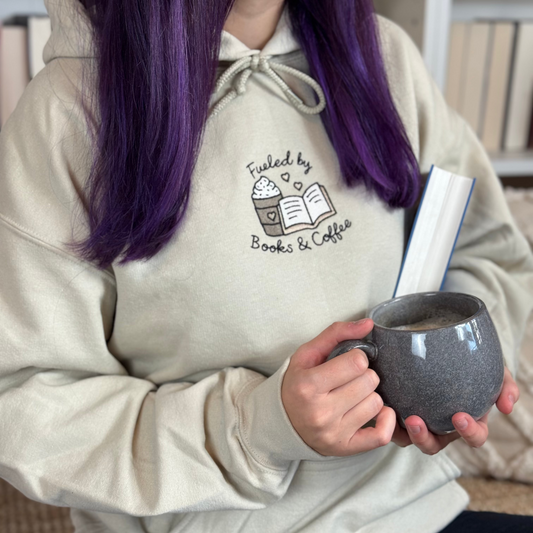 Hoodie | Fueled by Books & Coffee | Bestickt | Bookish Hoodie