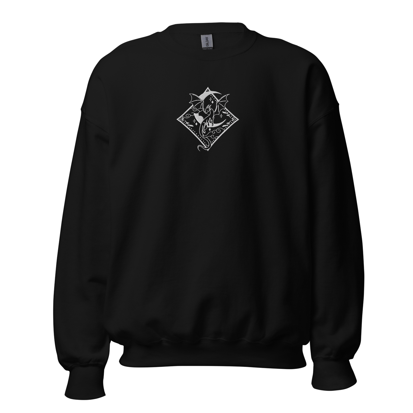 Schwarzes Drachen Sweatshirt bestickt mit Mond- und Drachenmotiv