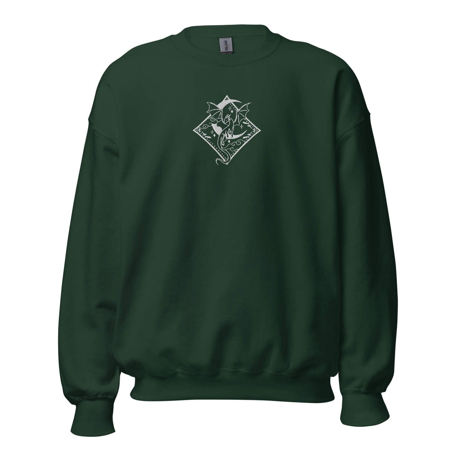 Dunkelgrünes Drachen Sweatshirt bestickt mit Mond- und Drachenmotiv