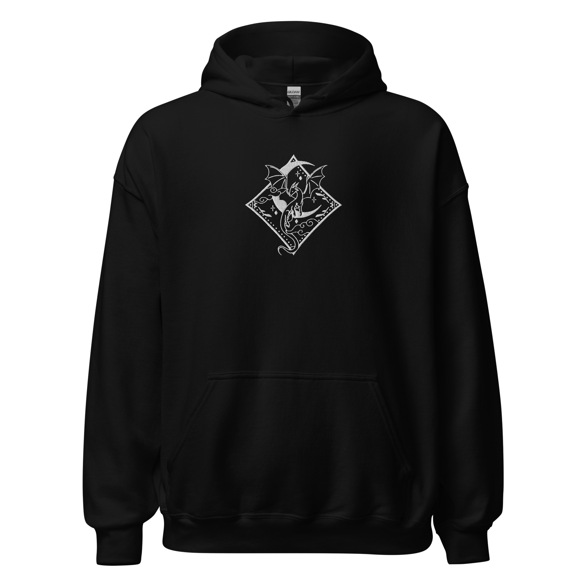 Schwarzer Drachen Hoodie bestickt mit Mond- und Drachenmotiv.