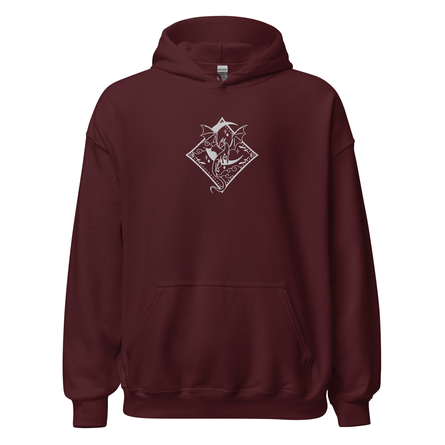 Roter Drachen Hoodie bestickt mit Mond- und Drachenmotiv.