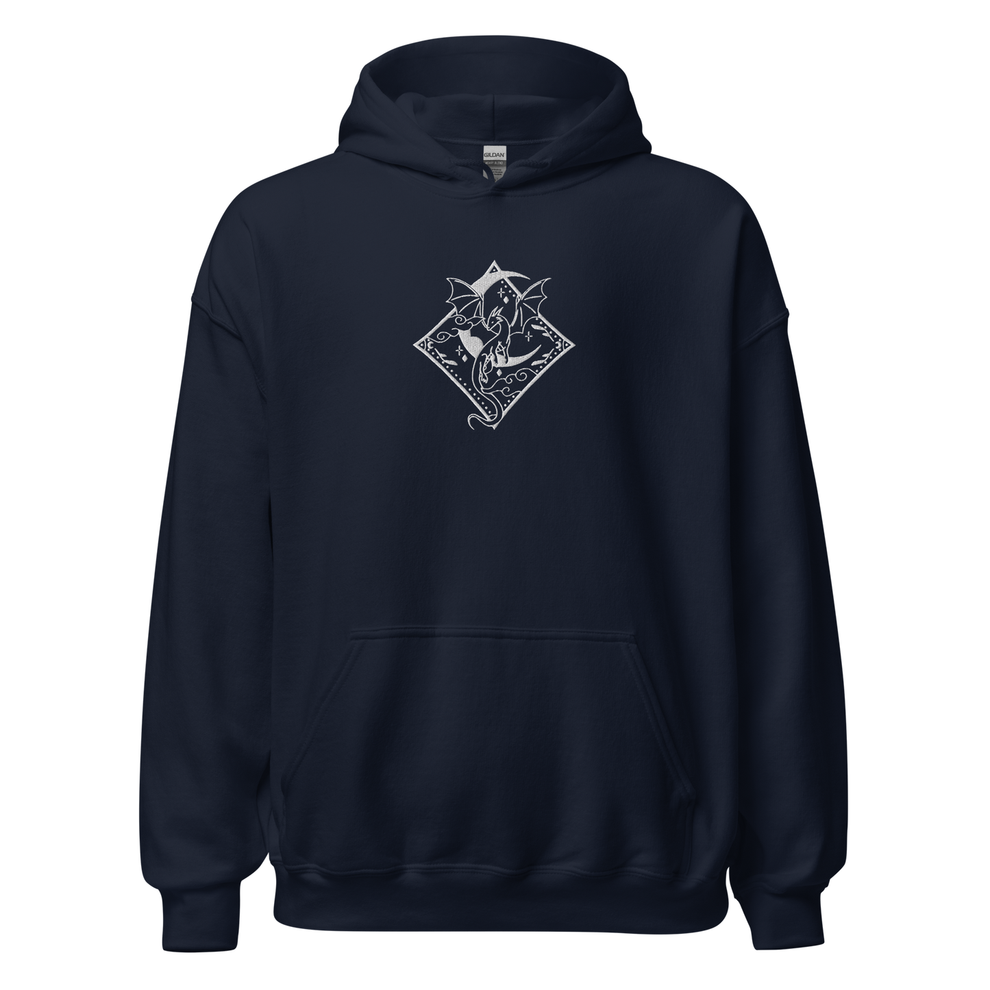 Blauer Drachen Hoodie bestickt mit Mond- und Drachenmotiv.