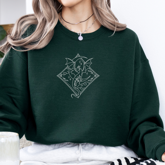 Grünes Drachen Sweatshirt bestickt mit Mond- und Drachenmotiv