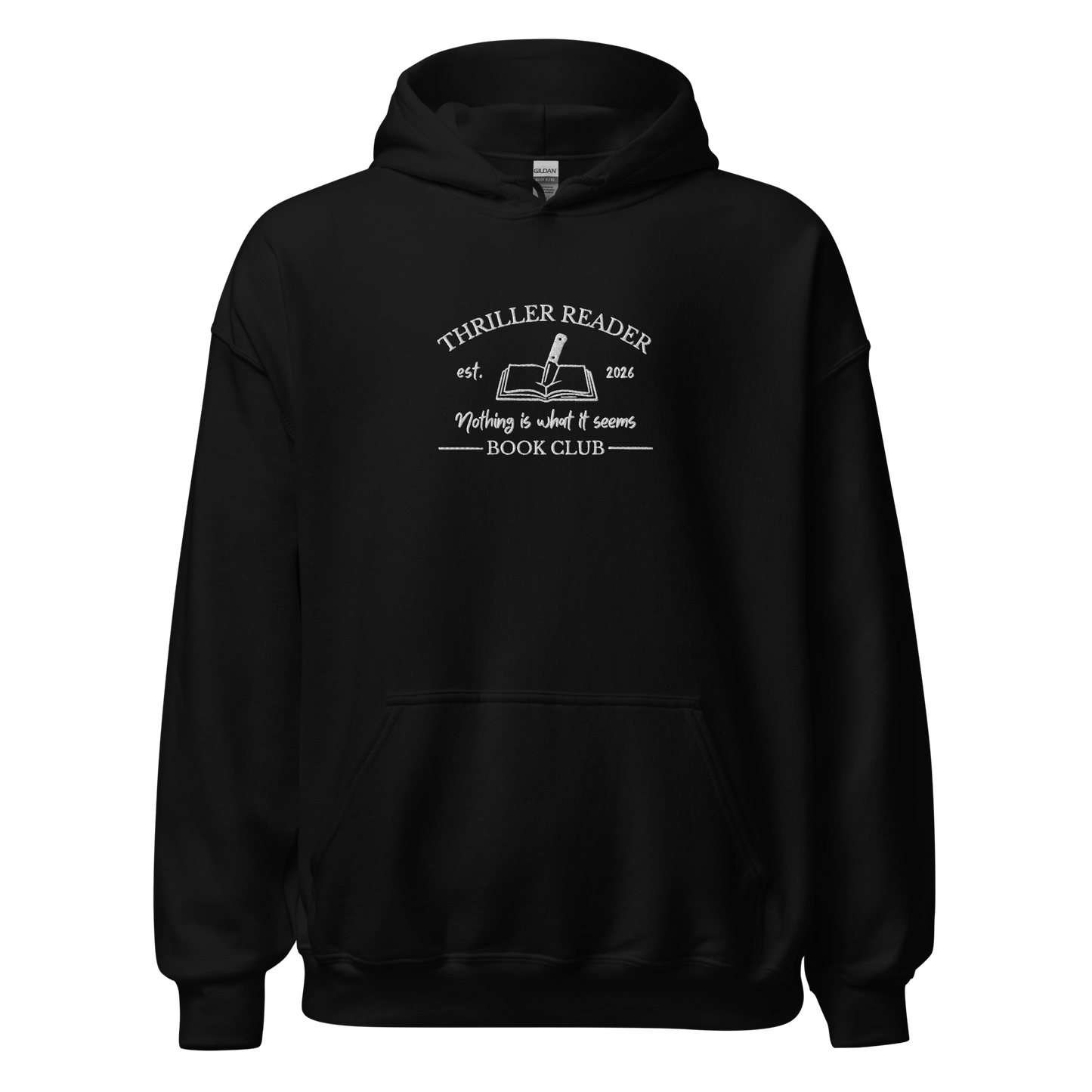 Bestickter Hoodie für Thriller Leser mit Book Club Design