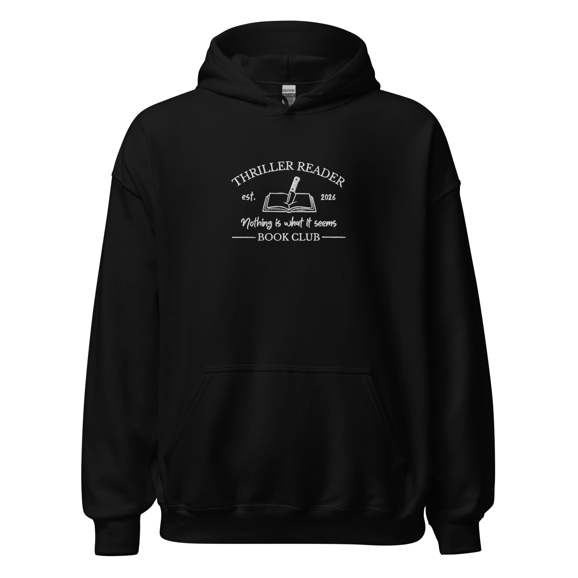 Bestickter Hoodie für Thriller Leser mit Book Club Design